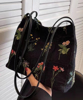 Black Embroidered Large Capacity Canvas Shoulder Bag